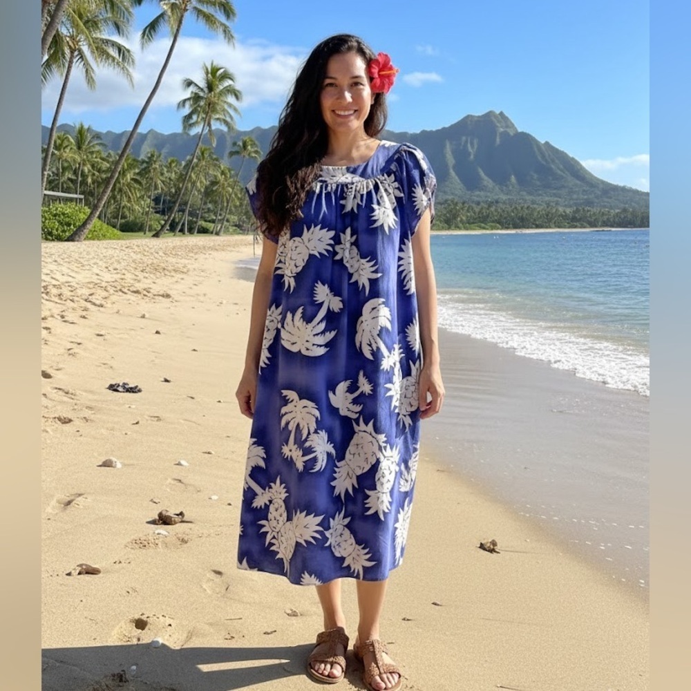 Paradise Bay VINTAGE 80s Polynesian Muumuu Purple Palm Tree Small Hawaiian Dress - Picture 5 of 5